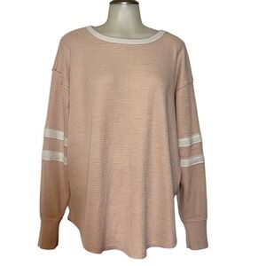 SO Salmon Waffle Knit Long Sleeve Shirt Striped Sleeve Casual Women's Size L